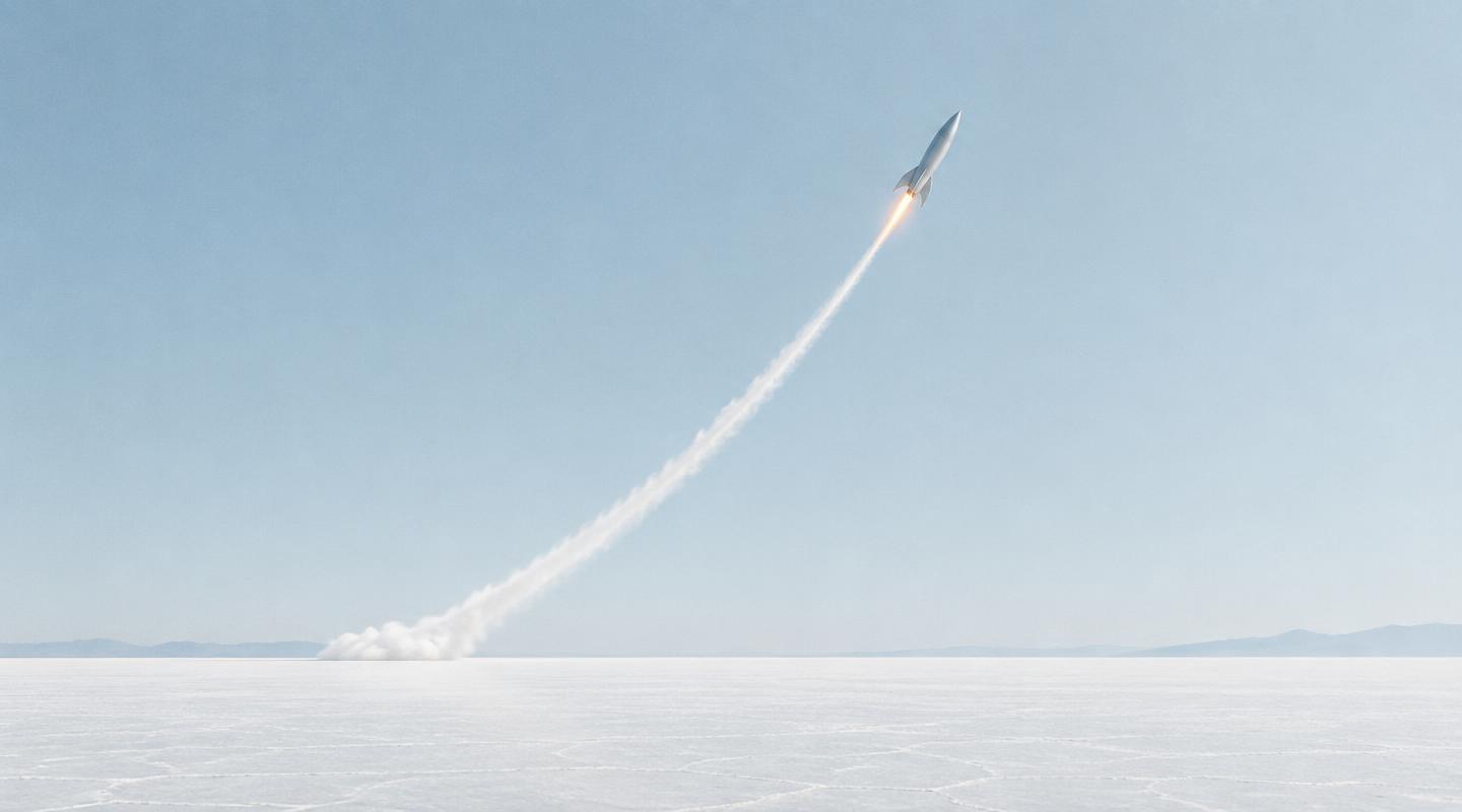 Rocket ship lifting off on a clean upward trajectory